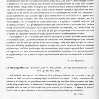 0714 - Page 658 - Analyses. Psychiatrie. Études spéciales. Psychoses constitutionnelles. La conception psychoanalytique de la schizophrénie (Die psychoanalitische Auffassung der Schizophrénie), par A. V. Muralt..., Archives suisses de neurol. et de psych... / La schizophrénie (en polonais), par O. Bielawski, Nowiny Psychiatryczne... / Sur un cas de schizophrénie, par Gunhard. Bull. Soc. roumaine de neurol. psychiatr., psychol. et endocrinol...