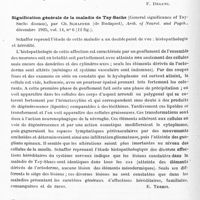 0716 - Page 660 - Analyses. Psychiatrie. Études spéciales. Psychoses congénitales. L'idiotie familiale microcéphalique de Giacomini, observation concernant cinq enfants d'une même famille, par Juan Carlos Vivaldo, Revista de Criminologia Psiquiatria y Medicina legal... / Signification générale de la maladie de Tay-Sachs (General significance of Tay-Sachs disease), par Ch. Schaffer..., Arch. of Neurol. and Psych... / Un cas de maladie de Tay-Sachs, forme paralytique à prédominance hémiplégique gauche, par C. Tretiakoff et Alfredo Pujol, Arch. de méd. des enfants...