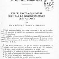 0057 - Page 1 - Mémoires originaux. I. Étude anatomo-clinique d'un cas de dégénérescence lenticulaire, par MM. A. Souques, O. Crouzon et I. Bertrand