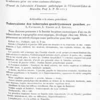0143 - Page 83 - Société de neurologie de Paris. Séance du 5 janvier 1928. Communications et présentations. A propos du procès-verbal de la précédente séance. Etude sur la paralysie labio-glosso-laryngée à évolution subaiguë, par M. Ludo van Bogaert (Travail du laboratoire d'anatomie pathologique de l'Université libre de Bruxelles. Prof. A. P. Dustin) / Addendum à la séance précédente. Tuberculome des tubercules quadrijumeaux gauches, par L. Caussade, L. Cornil et J. Girard