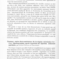 0158 - Page 98 - Société de neurologie de Paris. Séance du 12 janvier 1928. Communications et présentations. Mouvements involontaires du membre supérieur droit dans certaines attitudes actives et passives, par M. André-Thomas et Mme Long-Landry / Tumeur extra-dure-mérienne de la région cervicale (Chordome). Radiographie après injection de lipiodol. Ablation partielle, par André-Thomas et Villandre