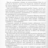 0182 - Page 122 - Société de neurologie de Paris. Séance du 12 janvier 1928. Communications et présentations. Syndrome de compression médullaire par fongosités tuberculeuses épidurales consécutives à une minime ostéite d'une lame vertébrale avec arrêt en dôme du lipiodol, par M. Botreau-Roussel. (Présenté par MM. Sicard et Haguenau.) / A propos de la classification des tumeurs des méninges, par Gustave Roussy et Lucien Cornil