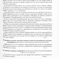 0211 - Page 151 - Analyses. Neurologie. Études générales. Sémiologie. L'hypertension relative du liquide céphalo-rachidien, par G. Claude, A. Lamache et J. Dubar. Paris médical... / La glycorachie, contribution à la physiologie du tissu lacunaire, par Riser et P. Mériel. Paris médical... / De quelques procédés préventifs destinés à éviter les inconvénients de la ponction lombaire, par P. Mouzon. Presse médicale... / La ponction lombaire ambulatoire, par Dattrer, Wiener klinische Wochenschrift... / Études spéciales. Cerveau. Sur le diagnostic de l'abcès de l'encéphale d'origine otitique, par Pasquale Russi. Riforma medica...