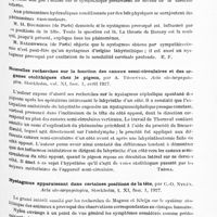 0375 - Page 315 - Analyses. Neurologie. Études générales. Physiologie. Des rapports du nystagmus vestibulaire avec les excitations dans le système des canaux demi-circulaires, par F.-H. Quin, XIe Congrès français d'oto-rhino-laryngologie... / Nouvelles recherches sur la fonction des canaux semi-circulaires et des organes otolithiques chez le pigeon, par A. Thornval. Acta oto-laryngologica... / Nystagmus apparaissant dans certaines positions de la tête, par C.-O. Nylen. Acta oto-laryngologica...