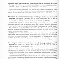 0410 - Page 350 - Analyses. Thérapeutique. Paralysie persistante du S. P. E. et troubles trophiques consécutifs à la rachi-anesthésie, par M. Cottalorda. Soc. de chir. de Marseille... / Quelques essais d'actinothérapie ultra-violette dans le traitement de la vieillesse, par C.-I. Parhon et M. Kahane. Bull. de la Soc. roumaine de neurol. psychatr., psychol. et endocrinologie... / Traitement de certaines migraines par les tubages duodénaux. Indications, résultats, par Pasteur Vallery-Radot et Pierre Blamoutier. Bull. et mém. de la Soc. méd. des hôp. de Paris... / Sur la migraine biliaire et son traitement par le drainage médical des voies biliaires, par Chiray et A. Lomon. Bull. et mém. de la Soc. méd. des hôp. de Paris... / Rétinite diabétique et insuline, par L. Genet. Journal de médecine de Lyon...