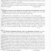 0411 - Page 351 - Analyses. Thérapeutique. Diabète infantile traité depuis 3 ans par l'insuline, par Mouriquand, Bernheim et Lesbros. Société médicale des hôpitaux de Lyon... / Traitement du zona et des herpès par les injections intraveineuses d'eau sulfureuse, par René Bénard et Edouard Joltrain. Bull. et mém. de la Soc. méd. des hôp. de Paris... / Doit-on recourir à l'hyoscine dans les états de dépression nerveuse ? Par Forment et H. Gardère. Société médicale des hôpitaux de Lyon... / Sur les produits opothérapiques, par Mouriquand, Leulier et Gojon. Société médicale des hôpitaux de Lyon...