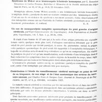 0512 - Page 452 - Analyses. Neurologie. Etudes spéciales. Cerveau. L'hémiplégie en flexion, par Juan Obarrio. Revista Oto-neuro-oftalmologica y de Cirugia neurologica... / Syndrome de Weber avec hémianopsie bilatérale homonyme, par C. Bonorino Udaondo et Carlos Pinedo. Bulletins et mémoires de la Société médicale des hôpitaux de Paris... / Un cas de monoparalysie complète spasmodique du pied gauche d'origine cérébrale, par Viggo Christiansen... Acta Psychiatrica et Neurologica... / Contribution à l'étude du ramollissement cérébral envisagé au point de vue de sa fréquence, de son siège et de l'état anatomique des artères du territoire nécrosé, par Charles Foix et Jacques Ley. Journal de neurologie et de psychiatrie...