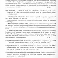 0530 - Page 470 - Analyses. Psychiatrie. Études générales. Sémiologie. Le vol pathologique dans le milieu militaire, par le médecin-major A. Rouquier... XIIe Congrès de médecine légale de langue française... / Vols impulsifs à l'étalage chez une déprimée périodique, par Laignel-Lavastine... XIIe Congrès de médecine légale de langue française... / Examen neuro-psychiatrique des enfants délinquants, par Roubinovitch, Paul-Boncour et Heuyer... XIIe Congrès de médecine légale de langue française...
