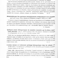 0534 - Page 474 - Analyses. Psychiatrie. Études générales. Sémiologie. Sur trois cas de guérison de délires interprétatifs sans prédispositions paranoïaques, par P. Clerc et J. Picard. Encéphale... / Malariathérapie des psychoses étiologiquement indépendantes de la syphilis, par Carlo Goria. Note e Riviste di Psichiatria... / Quelques essais thérapeutiques de maladies mentales par la fièvre récurrente africaine, par F. D'Hollander et Et. De Greeff. Journal de neurologie et de psychiatrie... / L'action solaire et l'alitement prolongé thérapeutique chez les aliénés (La accion solar y la clinoterapie prolongada en los alienados), par Fernando Gorriti. Semana medica...