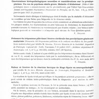0536 - Page 476 - Analyses. Psychiatrie. Études spéciales. Psychoses organiques. Constatations histopathologiques nouvelles et considérations sur la presbyophrénie. Un cas de psychose sénile grave. Maladie d'Alzheimer (Rilievi istopatologici nuovi e considerazioni sur la presbiofrenia), par Vittor Ugo Giacanelli. Annali dell'Ospedale Psichiatrico Provinciale in Perugia... / Présence du tréponème pâle dans l'écorce cérébrale des paralytiques généraux malarisés (Presencia del treponema palidum en le corteza encefalica de los paraliticos malarizados), par Adolfo M. Sierra. Tercera Reunion de la Sociedad Argentina de Patologia regional del Norte... Archivos argentinos de Neurologia... / Valeur et limites de la réaction ferrique de Hugo Spatz en neuropathologie, par Adolfo M. Sierra. Rivista Argentina de Neurologia, Psiquiatria et Medicina legal...
