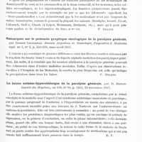0537 - Page 477 - Analyses. Psychiatrie. Études spéciales. Psychoses organiques. Valeur et limites de la réaction ferrique de Hugo Spatz en neuropathologie, par Adolfo M. Sierra. Rivista Argentina de Neurologia, Psiquiatria et Medicina legal... / Remarques sur le prétendu graphique sérologique de la paralysie générale, par Ramon Cisternas. Revista Argentina de Neurologia, Psiquiatria et Medecina legal... / La forme asthéno-hypersthénique de la paralysie générale, par R. Benon. Gazette des hôpitaux... / Simulation de la rigidité décérébrée chez deux paralytiques généraux (Simulation of decerebrate rigidity in two pareties), par Charles E. Kiely. American J. of Syphilis...
