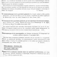 0539 - Page 479 - Analyses. Psychiatrie. Études spéciales. Psychoses organiques. Effets de la malaria inoculée aux déments paralytiques ex-malariques (Effetti della malaria inoculata sui dementi paralitici ex-malarici), par G. Mingazzini... Archives suisses de neurologie et de psychiatrie... / Le traitement de la paralysie générale par les injections de stovarsol sodique, par A. Sézary et A. Barbé. Bulletin de la Soc. fr. de dermatologie et de syph... / Malariathérapie de la neurosyphilis, par Mariano Alurralde. Ve Congrès de l'Association médicale argentine... / Psychoses toxiques et infectieuses. Stupeur de la confusion mentale dans un syndrome parkinsonien, par Juan M. Obarrio. Revista Argentina de Neurologia, Psiquiatria et Medecina legal...
