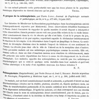 0541 - Page 481 - Analyses. Psychiatrie. Études spéciales. Psychoses toxiques et infectieuses. Les troubles psychiques en rapport avec l'influenza (I disturbi psichici in rapporto con l'influenza), par Antonio Mendicini. Policlinico, sez. med... / Psychoses constitutionnelles. Un cas de psychose maniaque dépressive (forme circulaire) à phases alternatives quotidiennes, par Fritz Wiesel. Acta Psychiatrica e Neurologica... / A propos de la schizophrénie, par Pierre Janet. Journal de psychologie normale et pathologique... / Schizophrénie (Esquizofrenia), par Nerio Rojas et José C. Belbey. Revista argentina de Nerologia, Psiquiatria y Medicina legal... / Considérations sur la schizophrénie et ses associations, par Henri Damaye. Annales médico-psychologiques...