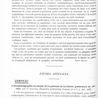 0692 - Page 632 - Analyses. Neurologie. Études générales. Sémiologie. Quatre observations d'angine de poitrine traitées chirurgicalement, par R. Leriche et R. Fontaine... Archives des maladies du coeur... / Études spéciales. Cerveau. L'encéphalographie au moyen de la ponction de la citerne postérieure du cerveau, par P. Emdine. Hazanskij meditzinsky Journal... / La radiographie du troisième ventricule (La radiografia dle tercer ventriculo), par Manuel Balado, Ricardo Morea et Cornelio Donovan. Archivos Argentinos de Neurologia...
