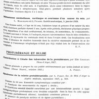0697 - Page 637 - Analyses. Neurologie. Études spéciales. Cervelet. Etude clinique d'un cas d'abcès du cervelet ; opération ; guérison, par J.-A. Barré, Canuyt et Metzger. Société d'oto-neuro-oculistique de Strasbourg... / Métastases cérébelleuse, cardiaque et ovarienne d'un cancer du sein, par L. Marchand et G. Picard. Société anatomique... / Protubérance et bulbe. Contribution à l'étude des tubercules de la protubérance, par Elie Ghozlan. Thèse d'Alger, 1927 / Syndrome de la calotte protubérantielle, par A. Porot. Soc. de méd. d'Alger in Algérie médicale... / Syndrome bulbo-protubérantiel (Sindrome bulbo-protuberanziale), par Giovanni Pilotti. Policlinico, sez. med...