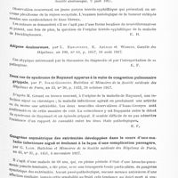 0723 - Page 663 - Analyses. Neurologie. Études spéciales. Dystrophies. Tumeur isolée pseudo-phlegmoneuse congénitale réalisant histologiquement les caractères de la maladie de Recklinghausen, par Lortat-Jacob, Legrain et Civatte. Bull. de la Soc. fr. de dermatologie et de syph... / Névrome plexiforme de la région occipitale, par J. Delarue et Baillis. Société anatomique... / Adipose douloureuse, par L. Babonneix, E. Azérad et Wodiez. Gazette des hôpitaux... / Deux cas de syndrome de Raynaud apparus à la suite de congestion pulmonaire grippale, par P. Isaac-Georges. Bulletins et mémoires de la Société médicale des hôpitaux de Paris... / Gangrène asymétrique des extrémités développées dans le cours d'une maladie infectieuse aiguë et évoluant à la façon d'une complication passagère, par G. Lion. Bulletins et mémoires de la Société médicale des hôpitaux de Paris...