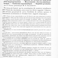 0767 - Page 707 - Société de neurologie de Paris. Séance du 3 mai 1928. Communications et présentations. Névralgie sciatique droite et fracture transversale sans déplacement de la 5e vertèbre lombaire après un traumatisme de la région lombo-sacrée. Persistance d'hypoesthésie dans les domaines des racines droites L3, L4, L5, S1, S2, par M. Laignel-Lavastine et R. Bonnard (présentation du malade) / Crampe des écrivains. - Spasme de torsion du bras droit avec hyperpronation. - Mouvements choréo-athétosiformes. - Torticolis spasmodique. - Syphilis probable, par E. Juster, présenté par M. A. Charpentier