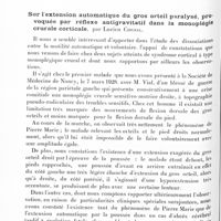 0784 - Page 724 - Société de neurologie de Paris. Séance du 3 mai 1928. Communications et présentations. Chronaxie du faisceau pyramidal, par M. Bourguignon / Sur l'extension automatique du gros orteil paralysé, provoquée par réflexe antigravitatif dans la monoplégie crurale corticale, par Lucien Cornil