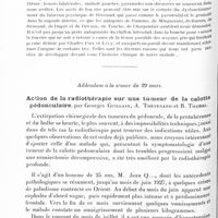 0788 - Page 728 - Société de neurologie de Paris. Séance du 3 mai 1928. Communications et présentations. Hémiplégie gauche avec anarthrie. Accès de fou rire contrastant avec la correction de la mimique douloureuse, par MM. Jude et Trabaud..., présentés par M. Claude / Addendum à la séance du 29 mars. Action de la radiothérapie sur une tumeur de la calotte pédonculaire, par Georges Guillain, A. Thévenard et R. Thurel