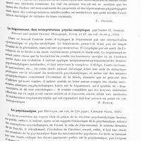 0817 - Page 757 - Analyses. Bibliographie. Les chaînes linéaires du corps et de l'esprit (Le catene lineari del corpo e dello spirito), par Giuseppe Calligaris... Tip. Doretti, Udine, 1928 / Le bégaiement. Son interprétation psycho-analytique, par Isador H. Coriat. Nervous and mental Disease Monograph... / La psychanalyse, par Hesnard... Librairie Stock, 1928 / L'éternelle question. L'auteur de tout ? L'Ame ? « Par la science », par Raoul Bernard..., édition Pacis, Nice, 1927