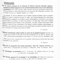 0823 - Page 763 - Analyses. Neurologie. Études spéciales. Physiologie. Sur les corrélations du débit urinaire et du fonctionnement du système nerveux, par René Porak. Presse médicale... / Sémiologie. Sur la valeur pratique de la réaction de Boveri dans les liquides céphalo-rachidiens hémorragiques et sur la détermination dans ceux-ci de l'albumine rachidienne (Sul valore pratico della reazione di Boveri nei liquidi cefalo-rachidiani emorragici e sulla determinazione nei medesimi dell' albumina rachidea), par A. Mario Fiamberti. Riforma medica... / Névrite vestibulaire otique isolée au cours de la syphilis acquise (Neuritis vestibular otica aislada en el curso de la lues adquirida), par D. Massa. Revista Oto-neuro-oftamologica y de Cirugia neurologica...