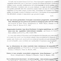 0848 - Page 788 - Analyses. Neurologie. Études spéciales. Dystrophies. Maladie osseuse de Paget. Essais de traitement basés sur une pathogénie probable (Malattia ossea di Paget, ostéite déformante, Tentativi di cura su base di probabile patogenesi), par Luigi De Gaetano... Riforma medica... / Ostéo-myo-dystrophie spéciale, intéressant les membres supérieurs, par Divry et Lecomte... Journal de neurologie et de psychiatrie... / Amyotrophie localisée (type Arau-Duchenne) d'origine syphilitique en coexistence avec des syphilides tuberculeuses cutanées, par Danel et Dereux. Paris médical... / Atrophie des muscles de la main par rhumatisme chronique cervical, par Ardin-Delteil, Lévi-Valensi et Padovani. Soc. de méd. d'Alger, in Algérie médicale...