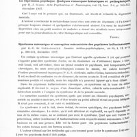 0854 - Page 794 - Analyses. Psychiatrie. Études générales. Sémiologie. Cénestopathie pure diffuse chez une malade à lombalisation douloureuse de la première sacrée avec spondylolisthésis, par Laignel-Lavastine et Ravier. Encéphale... / La dépression psychique. Quelques remarques historiques et pathogéniques, par H.-J. Schou. Acta Psychiatrica et Neurologica... / Syndrome mécanique et conception mécaniciste des psychoses hallucinatoires, par G.-G. de Clérambault. Annales médico-psychologiques... / Les hétéro-impulsions, par G. Revault d'Allones. Annales médico-psychologiques...