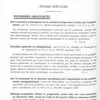 0856 - Page 796 - Analyses. Psychiatrie. Études générales. Sémiologie. Erreur judiciaire et impéritie psychiatrique (Error judicial e impericia psiquatria), par J. Brandam. Revista Argentina de Neurologia, Psicuiatria y Medicina legal... / Études spéciales. Psychoses organiques. Sur l'anatomie pathologique de la paralysie progressive traitée par l'impaludation, par M. Gourevitch. Medico-biologhilcheski journal... / Paralysie générale et schizophrénie, par H. Claude. Journal de neurologie et de psychiatrie... / Malariathérapie préventive des syphilis nerveuses, par H. Gougerot. Paris médical...