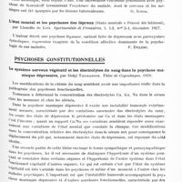 0857 - Page 797 - Analyses. Psychiatrie. Études spéciales. Psychoses toxiques et infectieuses. Cas de tuberculose généralisé avec psychose de Korsakoff à début aigu d'origine inconnue, par J. Nelken. Neurologia Polska... / L'état mental et les psychoses des lépreux (Stato mentale e Psicosi dei lebbrosi), par Lionello de Lisi. Sperimentale di Freniatria... / Psychoses constitutionnelles. Le système nerveux végétatif et les électrolytes du sang dans la psychose maniaque dépressive, par Helgi Thomasson. Thèse de Copenhague, 1928