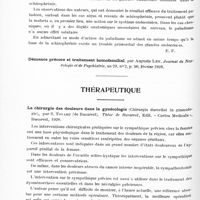 0858 - Page 798 - Analyses. Psychiatrie. Études spéciales. Psychoses constitutionnelles. Premiers résultats du traitement paludéen dans la schizophrénie, par A. Wizel et R. Markuszewicz. Encéphale... / Thérapeutique. La chirurgie des douleurs dans la gynécologie (Chirurgia durerilot în ginecologie), par S. Tovaru... Thèse de Bucarest..., 1928