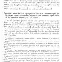 0133 - Page 71 - Société de neurologie de Paris. Séance du 10 janvier 1929. Discours de M. Babonneix... / Paralysie infantile avec symptômes insolites : double signe de Babinski, thermo-anesthésie, troubles sphinctériens, syndrome de Cl. Bernard-Horner, par L. Babonneix