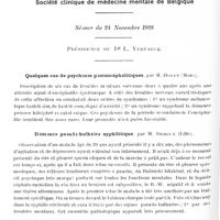0178 - Page 116 - Sociétés. Société oto-neuro-ophtalmologique du Sud-Est. Séance du 1er décembre 1928. Dysphagie fonctionnelle après phlegmon amygdalien, rapidement guérie par rééducation-suggestion, par H. Roger, Crémieux et J. Pourtal / Société clinique de médecine mentale de Belgique. Séance du 24 novembre 1928. Quelques cas de psychoses postencéphalitiques, par M. Hoven... / Démence pseudo-bulbaire syphilitique, par M. Dereux... / Somnambulisme alcoolique, par M. Divry...