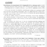 0186 - Page 124 - Analyses. Neurologie. Études générales. Anatomie. Contribution à la connaissance de la topographie de la substance noire (Contributo alla conoscenza della topografia delle substanzia nigra), par M. Emma, Rivista di Patologia nervosa e mentale... / Sur les éléments nerveux du locus niger et sur l'existence d'une zone mélanoblastique (Sugli elementi nervosi del « locus niger » e sull, esistenza di una « zone melanoblastica »), par Ulisse Testa. Rivista sperimentale di Freniatria...