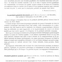0210 - Page 148 - Analyses. Psychiatrie. Études spéciales. Psychoses organiques. Un nouveau cas de paralysie générale conjugale, par Wahl et Alombert. Comité médical des Bouches-du-Rhône, Marseille médical... / Paralysie générale précoce, par H. Roger, J. Reboul-Lachaux et Denizet... Comité médical des Bouches-du-Rhône... / La paralysie générale des jeunes, par J. Reboul-Lachaux..., Sud médical et chirurgical... / Paralysie générale juvénile, par Richon et Michon. Société de médecine de Nancy...