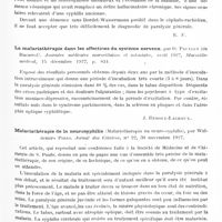 0211 - Page 149 - Analyses. Psychiatrie. Études spéciales. Psychoses organiques. Démence vésanique chez une syphilitique, simulant la paralysie générale, par P. Combemale et A. Trinquet. Réunion médico-chirurgicale des hôpitaux de Lille... / La malariathérapie dans les affections du système nerveux, par D. Paulian... Journées médicales marseillaises et coloniales... Marseille-médical... / Malariathérapie de la neurosyphilis (Malariotherapia na neuro-syphilis), par Waldemiro Pires. Jornal dos Clinicos... / Malariathérapie et examen du liquide céphalo-rachidien dans la paralysie générale (Influence of malarial treatment on the spinal fluid in general paralysis), par Bunker. Arch. of Neurol. and Psych...
