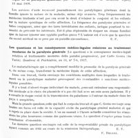 0213 - Page 151 - Analyses. Psychiatrie. Études spéciales. Psychoses organiques. Le secret médical à l'égard du conjoint et des enfants sur la nature syphilitique de la paralysie générale, par Trénel. Société de médecine légale... / Les questions et les conséquences médico-légales relatives au traitement moderne de la paralysie générale (Le questioni e le conseguenze medico-legali relative al trattamento moderno della paralisi progressiva), par Carlo Goria... Quaderni di Psichiatria... / Psychoses toxiques et infectieuses. Un cas de délirium tremens à forme grave chez un insuffisant polyviscéral ; guérison rapide par le somnifène intraveineux, par Raviart, Nayrac et Bataille. Réunion médico-chirurgicale des hôpitaux de Lille...