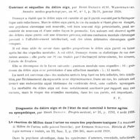 0214 - Page 152 - Analyses. Psychiatrie. Études spéciales. Psychoses toxiques et infectieuses. Un cas de délirium tremens à forme grave chez un insuffisant polyviscéral ; guérison rapide par le somnifène intraveineux, par Raviart, Nayrac et Bataille. Réunion médico-chirurgicale des hôpitaux de Lille... / Guérison et séquelles du délire aigu, par Henri Damaye et St. Warswhawski. Annales médico-psychologiques... / La réaction de Millon dans l'urine au cours des psychoses toxiques (La reazione di Millon de l'urina nelle psicosi tossiche), par Ermann Scheiner. Rivista di Patologia nervosa e lentale...