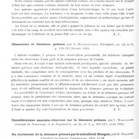 0216 - Page 154 - Analyses. Psychiatrie. Études spéciales. Psychoses constitutionnelles. Le psychisme schizophrénique, notes de critique clinique, par Enrico Rossi, Annali di Nevrologia... / Tentative de meurtre et suicide provoqués par l'attitude ironique d'une hébéphrénique, par Laignel-Lavastine et Henri Desoille. Société de médecine légale de France... / Obsessions et démence précoce, par G. Halberstadt. Encéphale... / Du traitement de la démence précoce par le métallosal Mangan, par H. Helweg. Ugeskrift for Laeger...