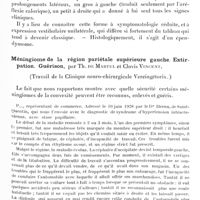 0313 - Page 249 - Société de neurologie de Paris. Séance du 7 février 1929. A propos du procès-verbal. Tumeur du quatrième ventricule avec prolongements pontocérébelleux bilatéraux (Etude anatomo-clinique), par MM. Barré, Alfandary et Stolz... / Méningiome de la région pariétale supérieure gauche. Extirpation. Guérison, par Th. de Martel et Clovis Vincent. (Travail de la clinique neuro-chirurgicale Vercingétorix)