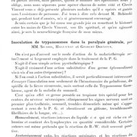 0318 - Page 254 - Société de neurologie de Paris. Séance du 7 février 1929. A propos du procès-verbal. Méningiome de la région pariétale supérieure gauche. Extirpation. Guérison, par Th. de Martel et Clovis Vincent. (Travail de la Clinique neuro-chirurgicale Vercingétorix) / Inoculation de trypanosomes dans la paralysie générale, par MM. Sicard, Haguenau et Gilbert-Dreyfus