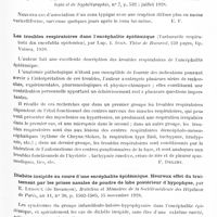 0401 - Page 337 - Analyses. Neurologie. Études spéciales. Infections et intoxications. A propos du traitement de la plaie tétanigène. Guérison par amputation d'un cas grave de tétanos postopératoire, par Arrivat... Bulletins et mémoires de la Société nationale de chirurgie... / Zona généralisé, par Rabut et Chene. Bulletin de la Société française de dermatologie et de syphiligraphie... / Les troubles respiratoires dans l'encéphalite épidémique (Turburarile respiratorii din encefalita epidemica), par Lup. I. Ioan. Thèse de Bucarest..., 1928 / Diabète insipide au cours d'une encéphalite épidémique. Heureux effet du traitement par les prises nasales de poudre de lobe postérieur d'hypophyse, par E. Ledoux... Bulletins et mémoires de la Société médicale des hôpitaux de Paris...