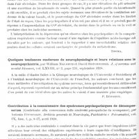 0414 - Page 350 - Analyses. Psychiatrie. Études générales. Sémiologie. Etudes sur la régulation acido-basique dans les troubles mentaux. III. La régulation respiratoire chez les psychopathes (Studies on the acid-base regulation in mental disorders. III. The respiratory regulation in psychotic subjects), par F. Golla, S. A. Mann et G. B. Marsh. Journal of mental Science... / Quelques tendances modernes de neurophysiologie et leurs relations avec la neuropsychiatrie, par William Malamud et David Rotchschild. J. of nervous and mental Diseases... / Contribution à la connaissance des syndromes psychopathiques de décompensation (Contributo alla conoscenza delle sindromi psicopatiche da scompenso), par Antonio Fittipaldi. Archivio generale di Neurologia, Psichiatria e Psicoanalisi...