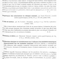 0415 - Page 351 - Analyses. Psychiatrie. Études générales. Sémiologie. Contribution à la connaissance des syndromes psychopathiques de décompensation (Contributo alla conoscenza delle sindromi psicopatiche da scompenso), par Antonio Fittipaldi. Archivio generale di Neurologia, Psichiatria e Psicoanalisi... / Erotisme et réactions sexuelles délictueuses chez des sujets congénitalement stériles ou accidentellement stérilisés, par Fr. Adam... XIIIe Congrès de médecine légale de langue française... / L'idée de laideur, par M. Nathan. Encéphale... / Recherches cliniques et considérations sur l'influence des maladies somatiques intercurrentes sur les maladies mentales (Ricerche cliniche e considerazioni sulla influenza delle malattie somatiche intercorrenti nelle malatie mentali), par A. Catalano. Giornale di Psichiatria clinica e Technica manicomiale...