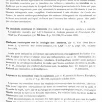 0417 - Page 353 - Analyses. Psychiatrie. Études générales. Sémiologie. Sur le nouveau service d'examen médico-psychique systématique des mineurs délinquants de Paris, par J. Roubinovitch. XIIIe Congrès de médecine légale de langue française... / Quelques remarques sur la biologie des arriérés, par G. Van Ness Dearborn. J. of nervous and mental Diseases... / L'épreuve du somnifène dans la catatonie, par H. Claude et H. Baruk. Encéphale...
