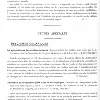 0418 - Page 354 - Analyses. Psychiatrie. Études générales. Sémiologie. L'épreuve du somnifène dans la catatonie, par H. Claude et H. Baruk. Encéphale... / Études spéciales. Psychoses organiques. La spirochétose des centres nerveux (Espirochetose dos centros nervosos), par A. C. Pacheco e Silva. Memorias de Hospital de Jucquery... / Présence du tréponème pâle dans le nerf optique (Presenca do « treponema pallidum » no nervo optico), par A. C. Pacheco e Silva J. Candido da Silva. Memorias do Hospital de Juquery... / Altérations de la microglie et de la névroglie dans les centres extra-corticaux des paralytiques généraux (Alterazioni della microglia e delle nevroglia nei cetri extracorticali dei paralitici progressivi), par Dino Bolsi. Rivista di Patologia nervosa e mentale...