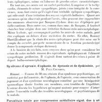 0428 - Page 364 - Réunion neurologique de Strasbourg (Filiale de la Société de neurologie de Paris). Séance du 15 mai 1926. Communications et présentations. Crises d'angoisse, de tachycardie et de secousses, équivalents possibles d'accès épileptiques, par M. Draganesco. (Résumé) / Syndrome d'apraxie, d'aphasie, de dystasie et de dyskinésie, par M. Paul Courbon / Paraplégie totale par compression médullaire aiguë, due à un abcès périvertébral et épidural d'origine métastatique, probablement consécutif à une spondylite staphylococcique, par MM. Draganesco et Brenckmann. (Résumé)