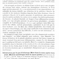0595 - Page 527 - Société de neurologie (Société Purkyne) de Prague. Séance du 6 février 1929. Etat postencéphalitique. Parkinsonisme. Syndrome hypophysaire, au début adiposité hypophyso-thyroïdienne, puis cachexie et amaigrissement. Syndrome myotonique terminal. Atrophie massive de l'hypophyse et des ovaires. Malacie des lobes frontaux, par J. Pelnar et Vacl. Jedlicka (Clinique du Prof. Pelnar et Institut pour anatomie pathologique du Prof. Kimla) / Intoxication par le gaz d'éclairage. Mort dans le coma après trois jours. Malacie symétrique dans le noyau palidal (présentation de la pièce), par H. Sikl et J. Pelnar (Clinique du Prof. Pelnar et Institut pour anatomie pathologique du Prof. Kimla)