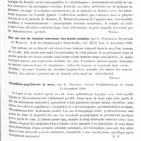 0617 - Page 547 - Analyses. Neurologie. Études générales. Sémiologie. Quelques considérations sur la pathogénie de la maladie de Ménière, par A. Thornval. Acta oto-laryngologica... / Sur un cas de tumeur nerveuse des fosses nasales, par G. Portmann, Bonnard et Moreau. Acta oto-laryngologica... / Troubles pupillaires et zona, par G. Renard. Société d'ophtalmologie de Paris... / Études spéciales. Cerveau. L'encéphalographie, par Paul Meignant. Gazette des hôpitaux...