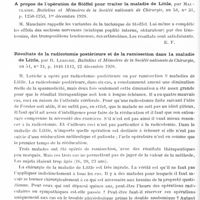 0626 - Page 556 - Analyses. Neurologie. Études spéciales. Cerveau. Maladie de Little traitée par l'opération de Förster. Très bon résultat, par Dim. M. Yovtchitch... Bulletins et mémoires de la Société nationale de chirurgie... / A propos de l'opération de Stöffel pour traiter la maladie de Little, par Mauclaire. Bulletins et mémoires de la Société nationale de chirurgie... / Résultats de la radicotomie postérieure et de la ramisection dans la maladie de Little, par R. Leriche. Bulletins et mémoires de la Société nationale de chirurgie...