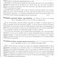 0627 - Page 557 - Analyses. Neurologie. Études spéciales. Cerveau. Résultats de la radicotomie postérieure et de la ramisection dans la maladie de Little, par R. Leriche. Bulletins et mémoires de la Société nationale de chirurgie... / Encéphalite périaxile diffuse (type Schilder), par Walter M. Krauss et Arthur Weil. Encéphale... / La maladie de Pick (atrophie sénile circonscrite), par C. I. Urechia et S. Mihalescu. Encéphale... / Sur un type clinique spécial en rapport avec une lésion progressive de la calotte du mésocéphale et de la région juxta-quadrigéminale, par Georges Guillain et N. Péron. Bulletins et mémoires de la Société médicale des hôpitaux de Paris...